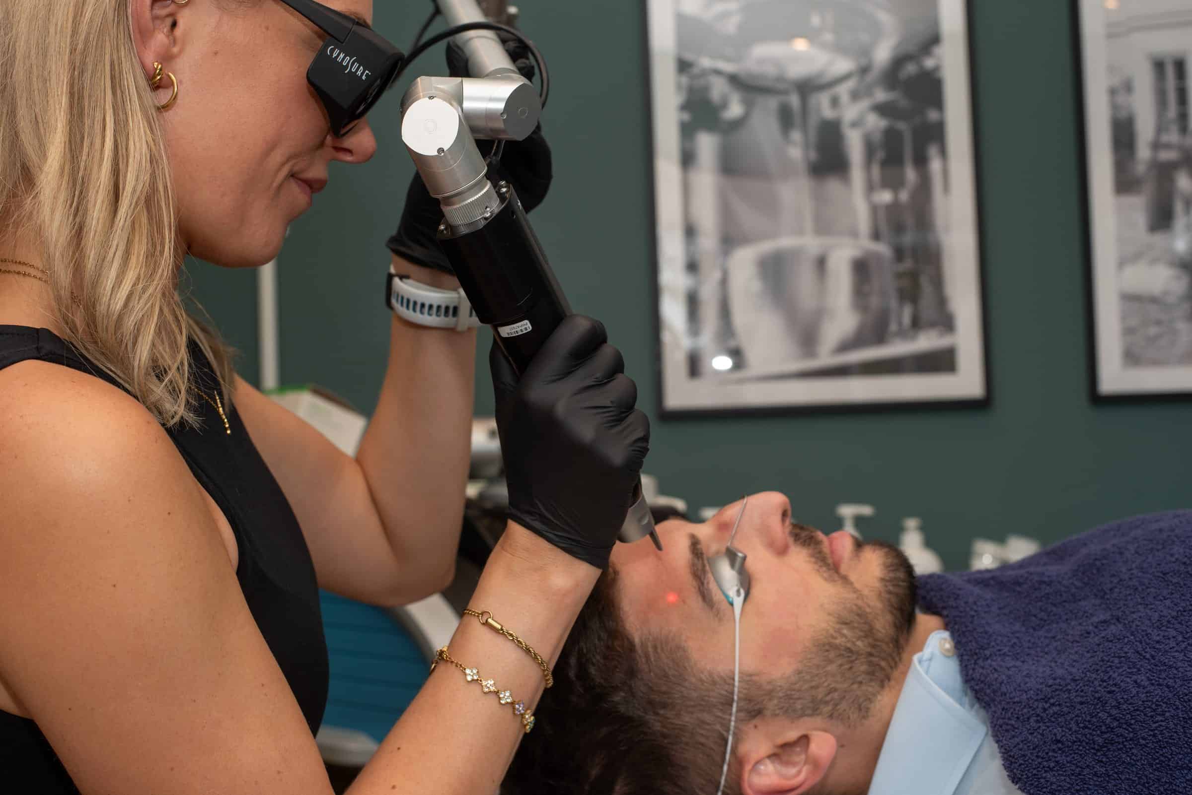 PicoSure laser treatment on a patient's forehead at Cannelle Skin Clinic in Oxford